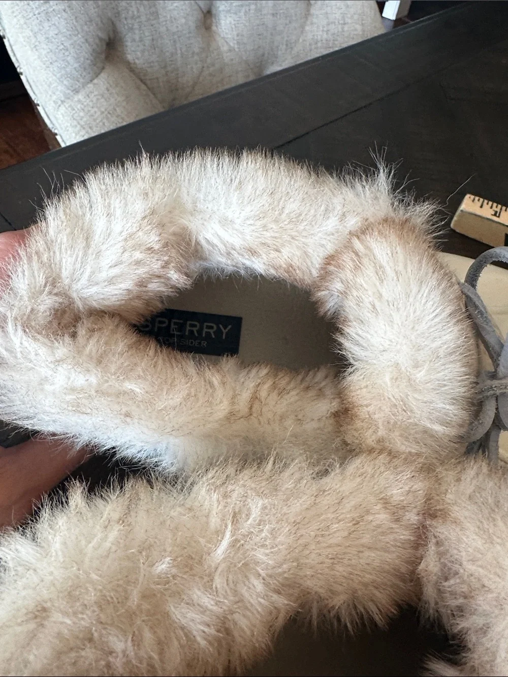 Sperry Women’s cream and baby blue/ gray Cream Faux-Fur Duck Boots worn twice